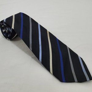 Geoffrey Beene Silk Necktie Black Blue Gray Cream Diagonal Stripes Designer